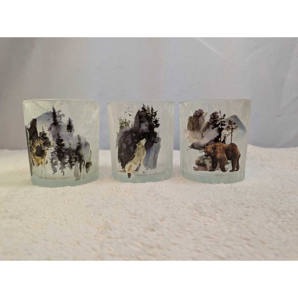 Set of 3 Frosted Glass Candle Holders Forest Animals Bear Wolf Deer Vases
